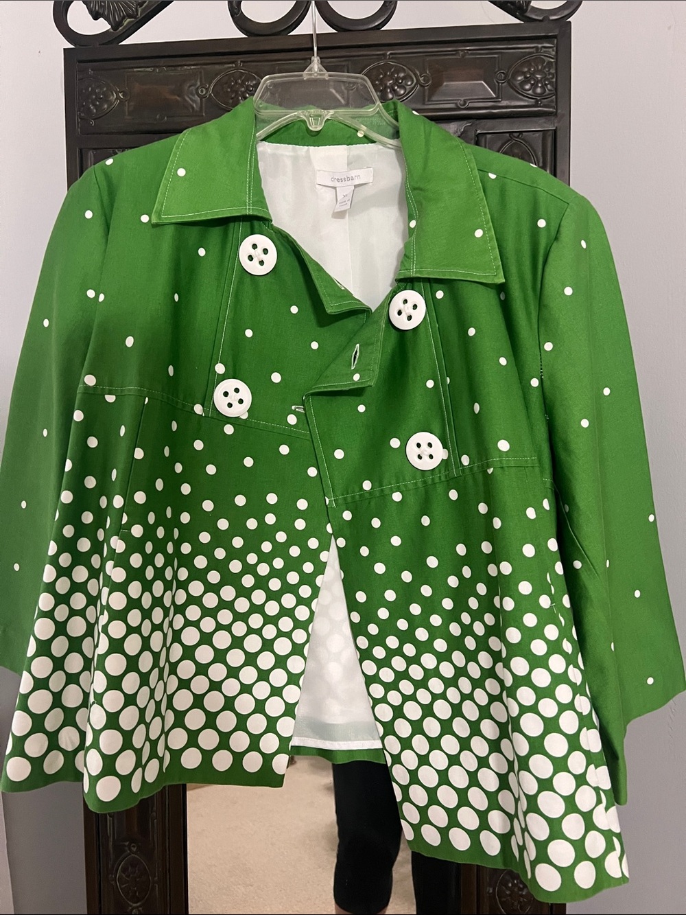 dressbarn Green Polka Dot Pea Coat with White Buttons